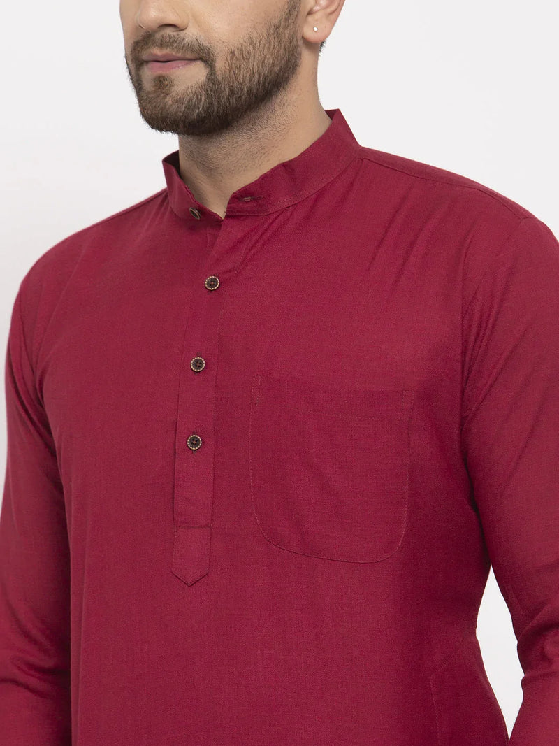 Men Maroon & White Solid Kurta with Churidar ( JOKP 532 Maroon )