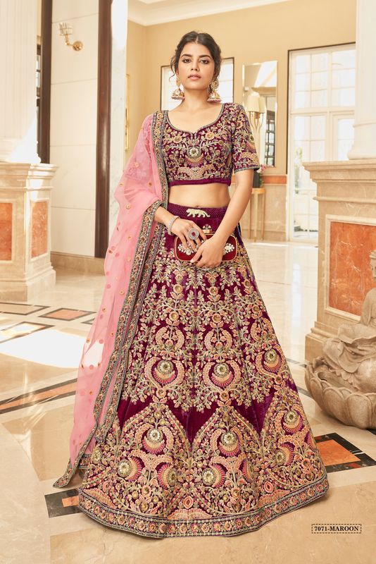 Aastha fashion Maroon Velvet lehanga blouse fabric Thread, Zari, Dori and Sequins Embroidery Work