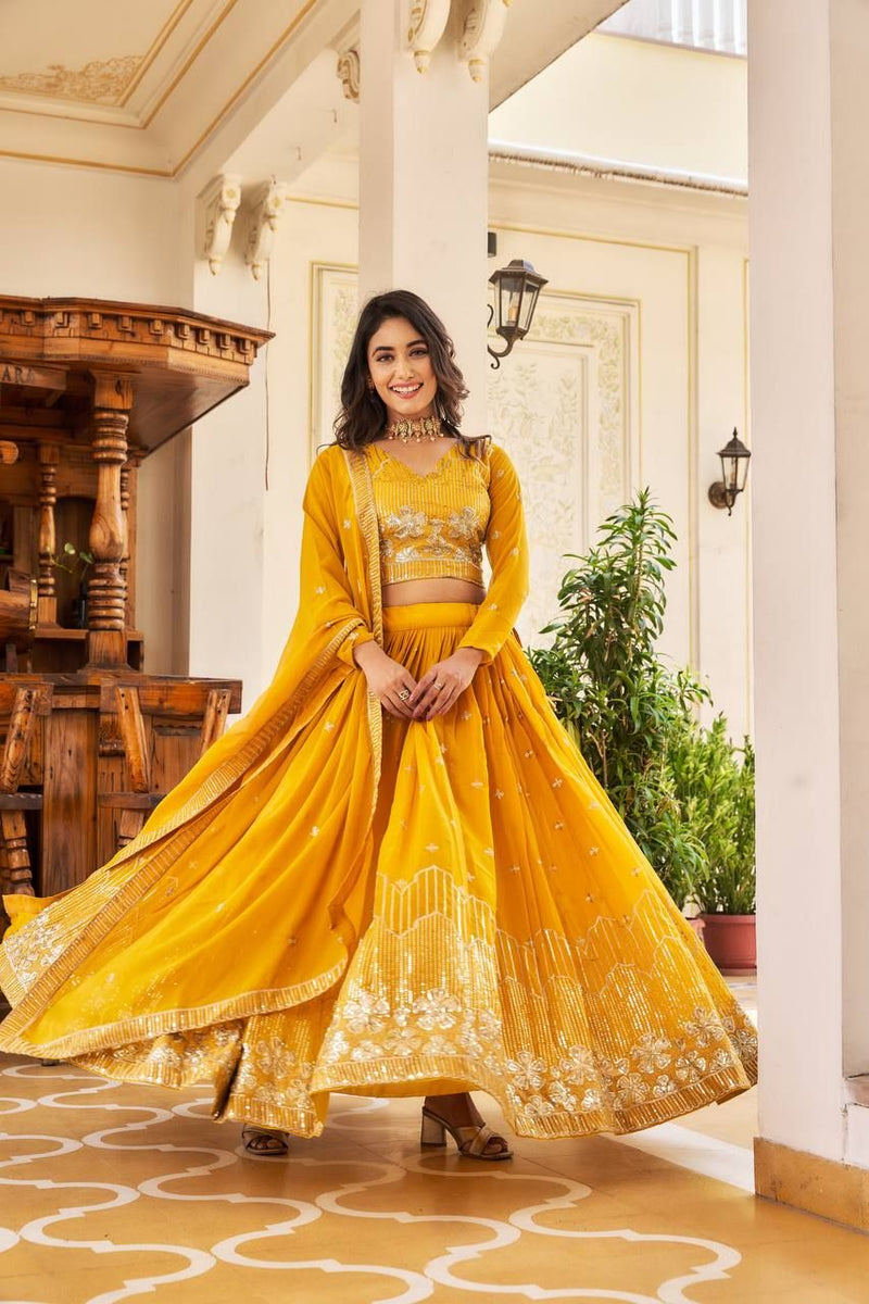 Aastha fashion Mustard Heavy Fox Georgette lehanga blouse fabric Embroidery Sequence Work