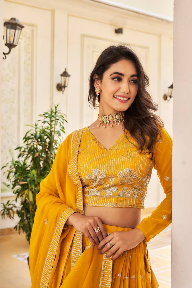 Aastha fashion Mustard Heavy Fox Georgette lehanga blouse fabric Embroidery Sequence Work