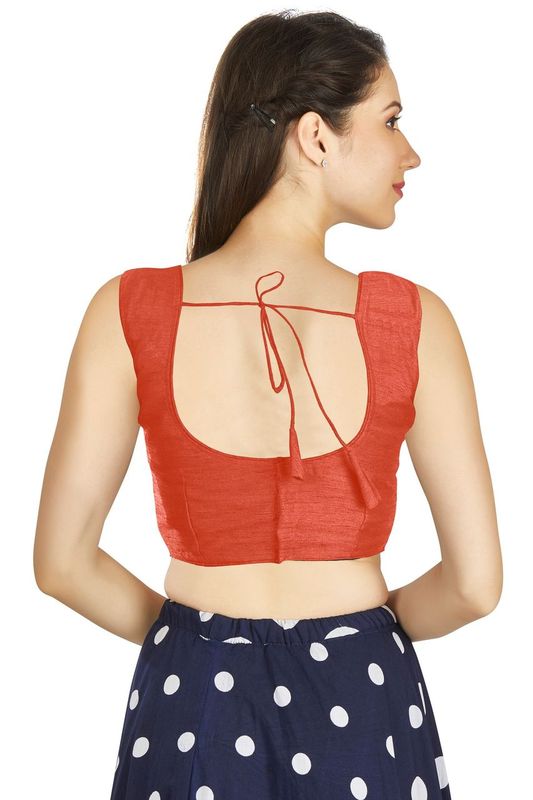 Aastha fashion Orange Art Silk Pleated Boat Neck Blouse Work Plain