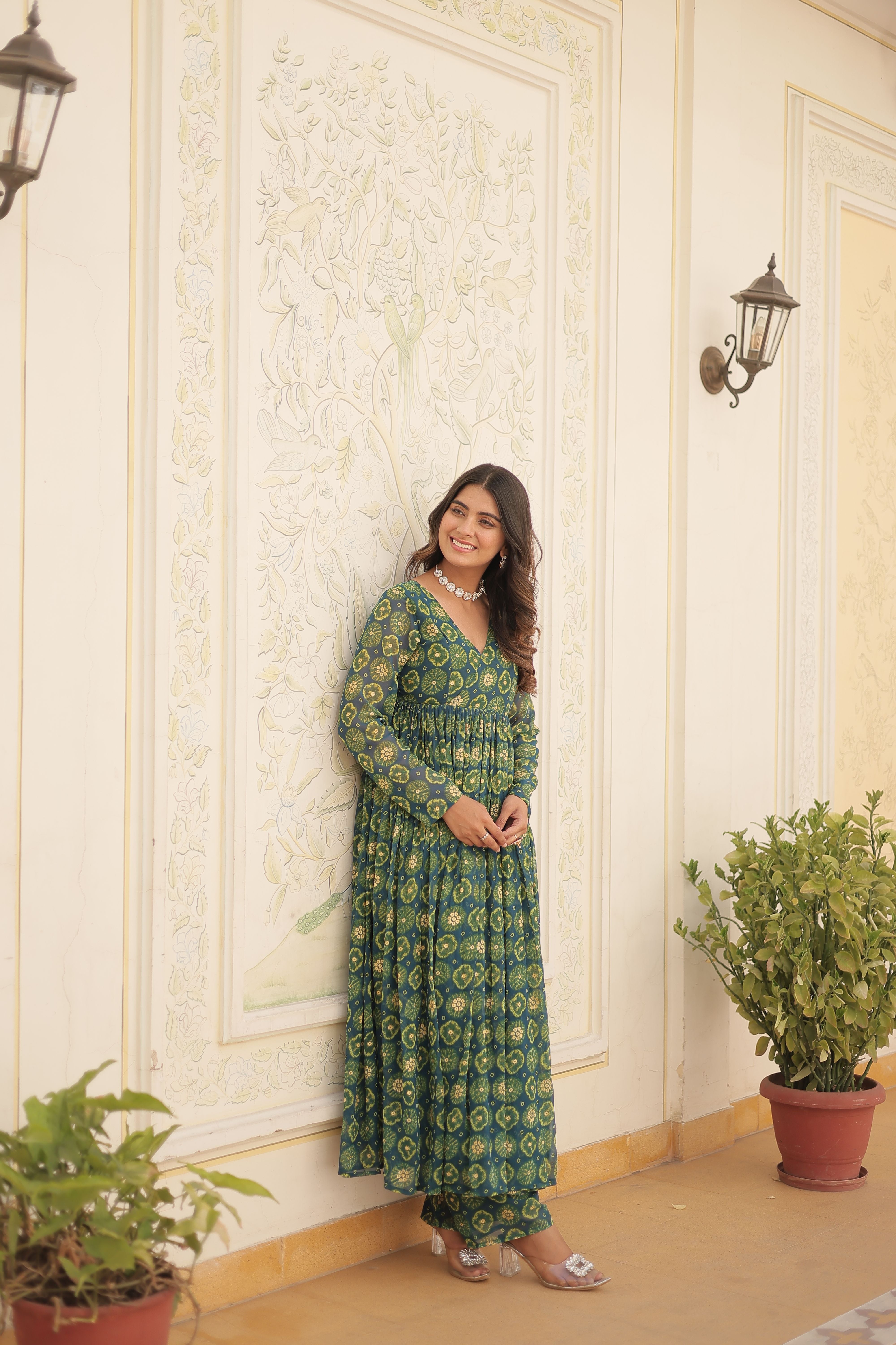 Aastha Green Faux Georgette with Gown fabric
