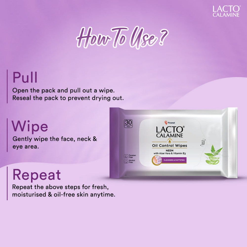 Lacto Calamine Oil Control Face Wipes, Makeup Remover Wipes With Neem & Aloe 30 Usable Wipes
