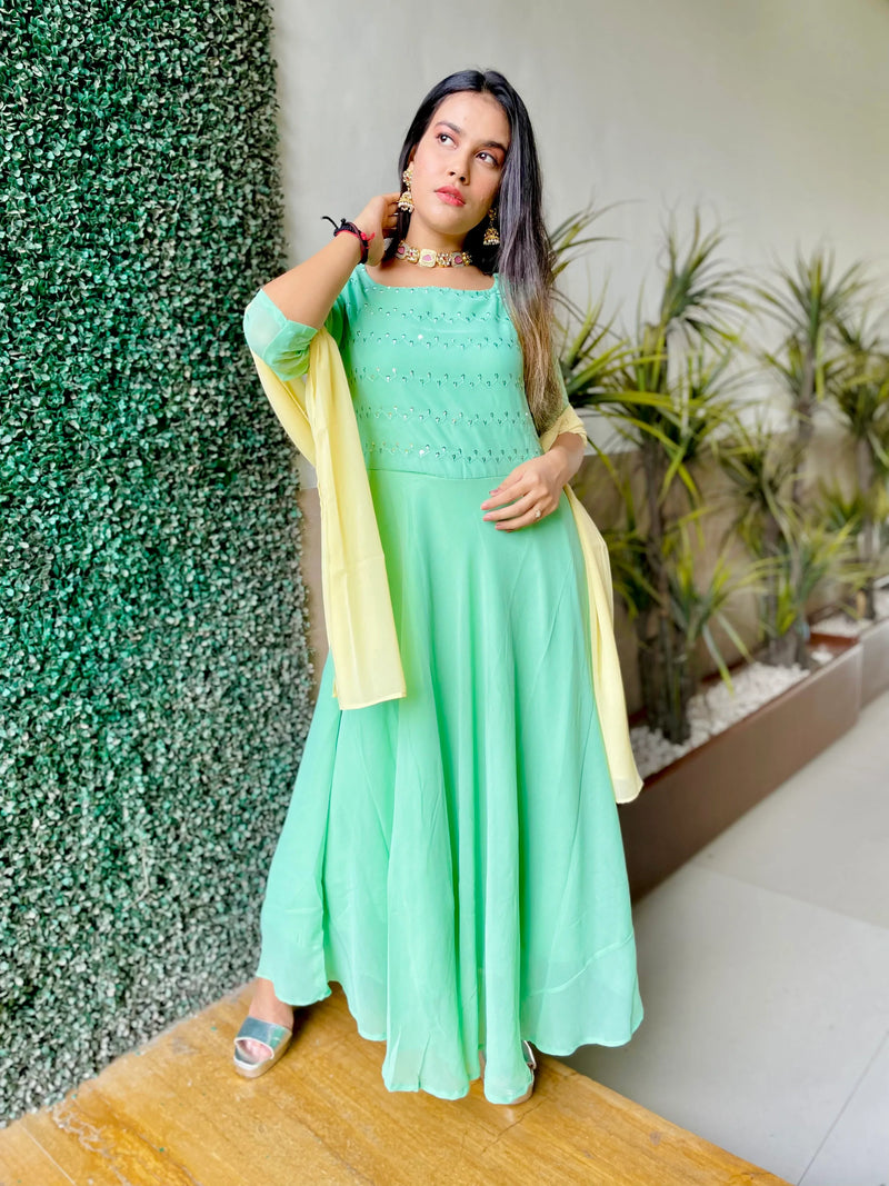 Women Sea Green Embroidered Regular Sequinned Kurta with Trousers & Dupatta ( JOKS D19Yellow 1383 Green )