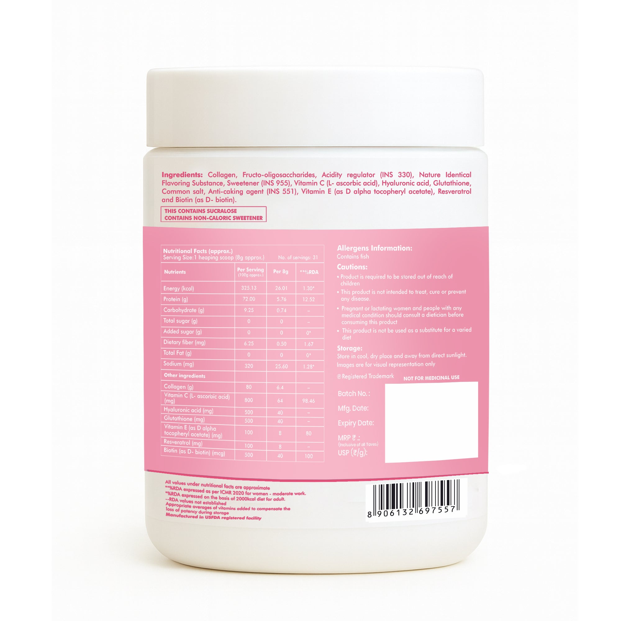 DR. Morepen Skin Collagen Powder with Glutathione, Hyaluronic Acid, Resveratrol &amp; Biotin Strawberry Watermelon Flavour