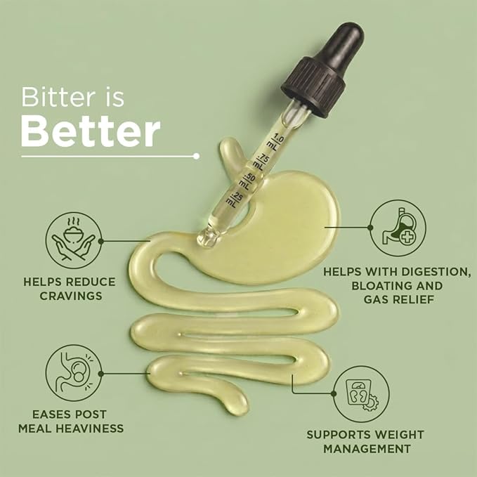 A dropper bottle labeled 'Bitter is Better' with a pale yellow liquid shown in a stylized digestive tract illustration on a light green background, with text listing benefits such as reducing cravings, digestion support, post-meal heaviness, and weight management.