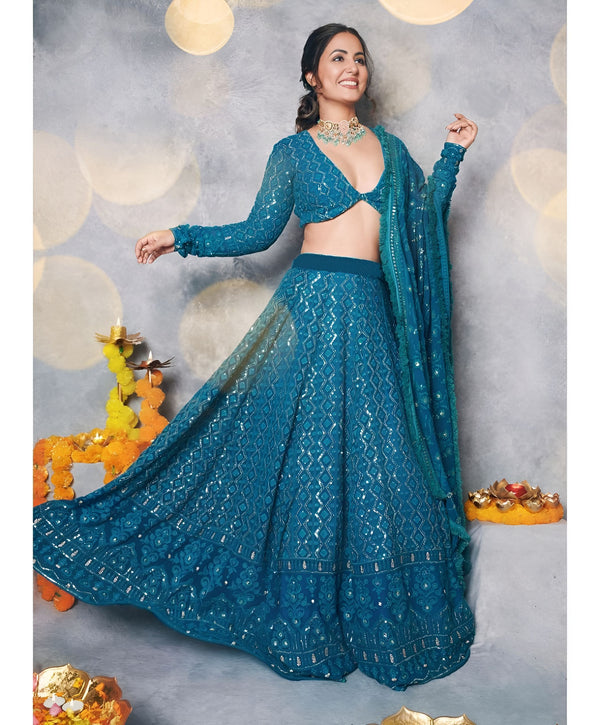 Aastha fashion Rama Faux Georgette lehanga blouse fabric Sequence with Thread and Jari Embroidery Work