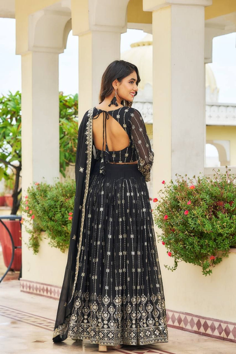 Aastha fashion Black Heavy Fox Georgette lehanga blouse fabric Embroidery Sequence Work