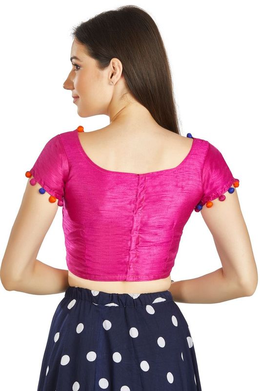 Aastha fashion Pink Art Sleek Boat Neck Blouse Work Potli Design In Neck Or Sleeve