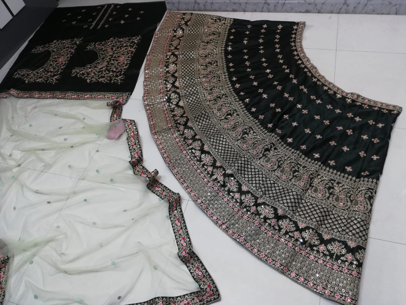 Aastha fashion dark green diamond stain slik lehanga blouse fabric embroidery work