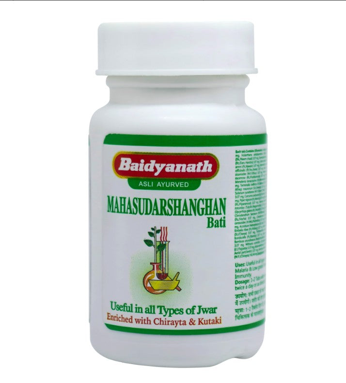 A white plastic bottle of Baidyanath Mahasudarshangan Bati with a white cap, featuring a green and red label with product details.