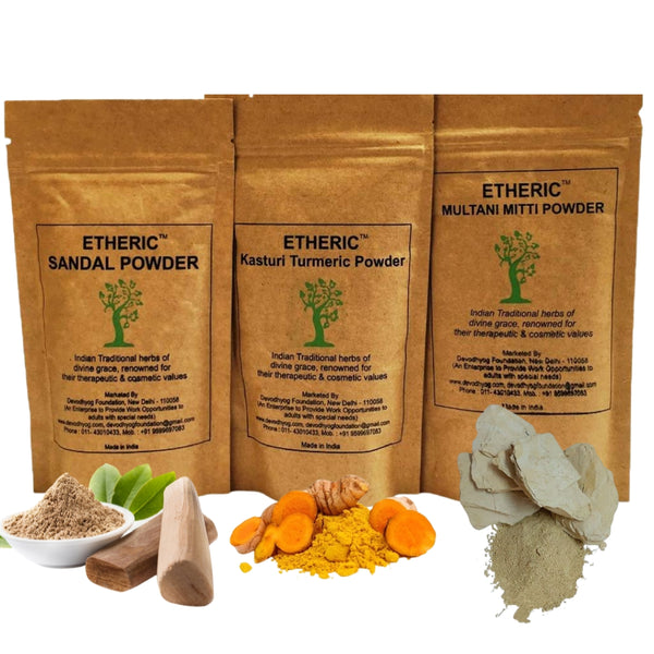 Etheric Glowing Skin Pack (Sandal+Kasturi Turmeric+Multani Mitti) For making skin fair, Acne treatment II Wrinkle Removal II Reduce Blemishes (3 X100  Grams)