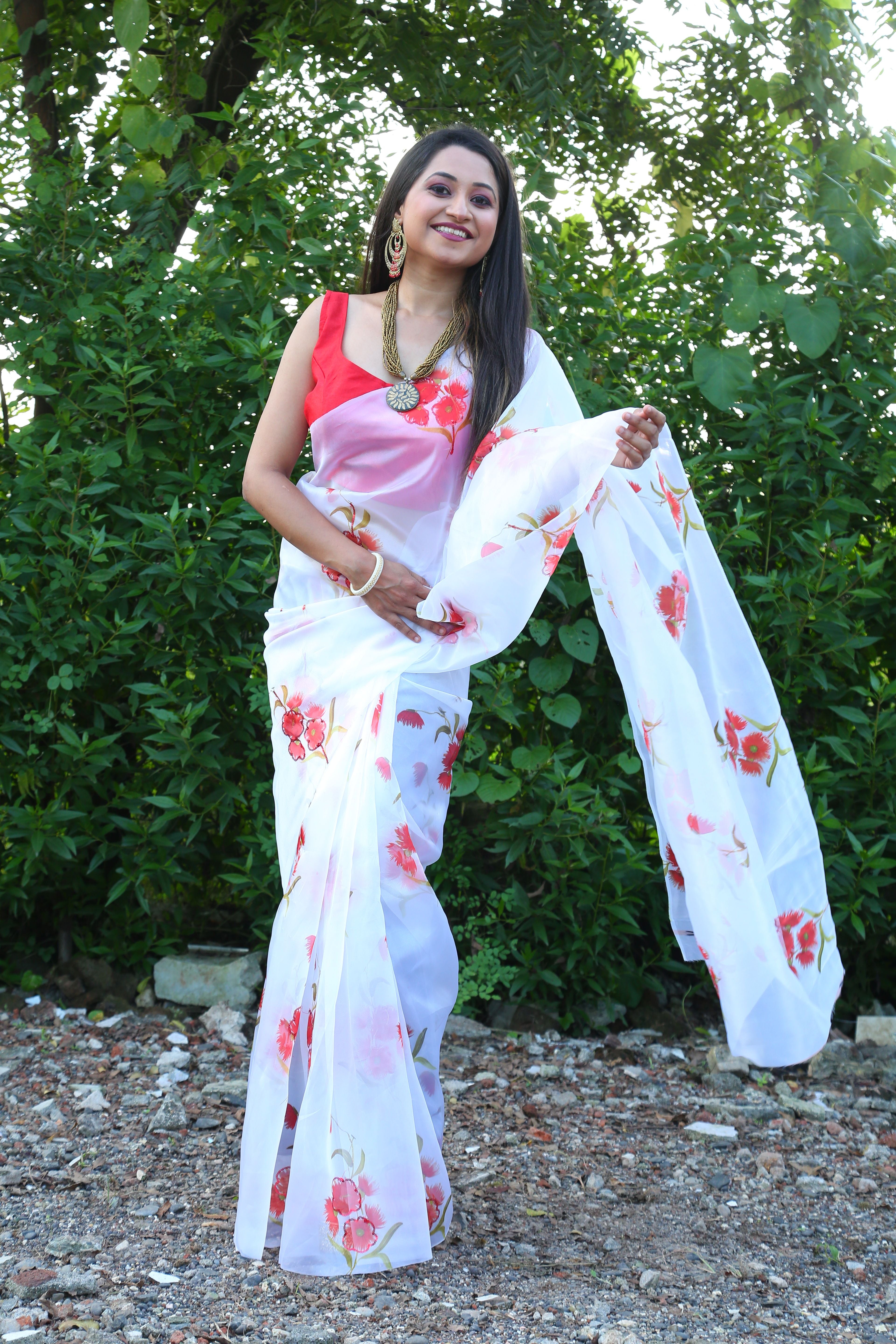 Aastha white Soft Organza Beautiful floral print work