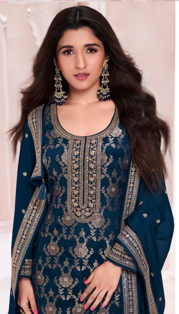 Aastha Blue Dupatta with Jacquard Viscose top fabric santoon Bottom fabric