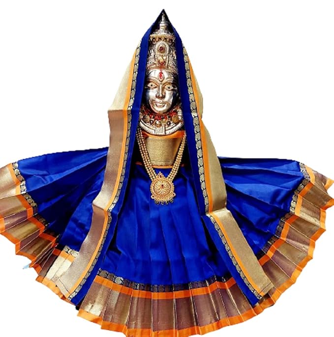 Navaratri Goddess Kalash Silk Saree(Blue) Matarani Poshak, Maa Laxmi, Durga, Saraswati, Radha Chunri Patka And Lehenga/Ghagra Dress, Margashirsha Devi Maa Accessories For Pooja