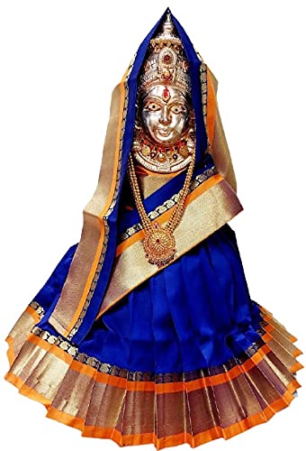 Navaratri Goddess Kalash Silk Saree(Blue) Matarani Poshak, Maa Laxmi, Durga, Saraswati, Radha Chunri Patka And Lehenga/Ghagra Dress, Margashirsha Devi Maa Accessories For Pooja