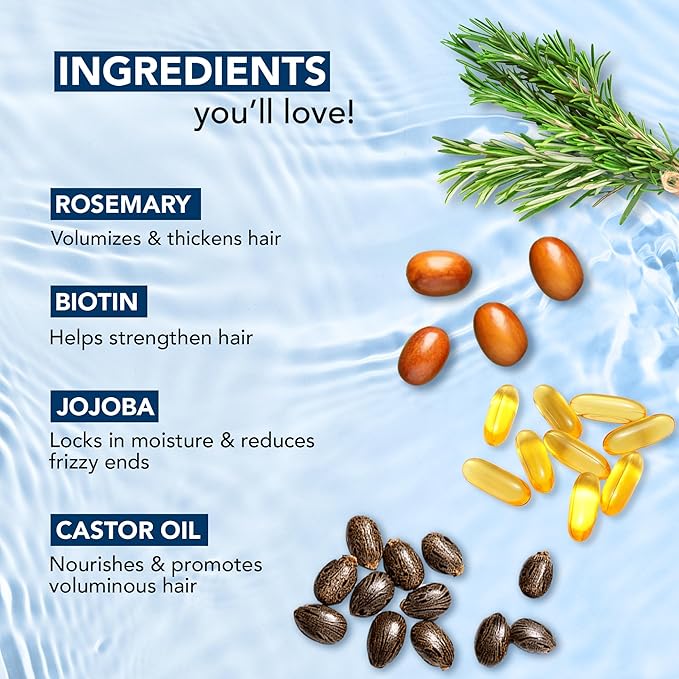 Ingredients for hair care products displayed with rosemary, biotin, jojoba seeds, and castor oil on a blue water background.