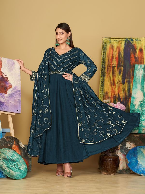 Aastha Turquoise Blue with Net top fabric Santoon Net Bottom fabric