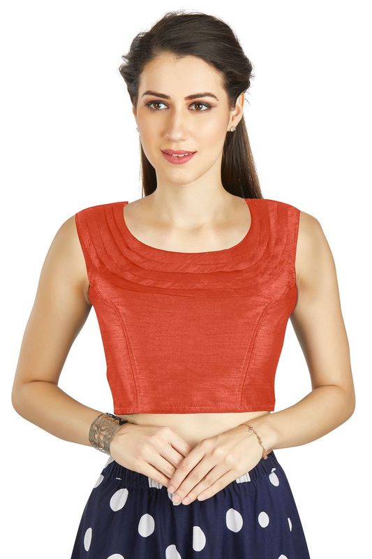 Aastha fashion Orange Art Silk Pleated Boat Neck Blouse Work Plain