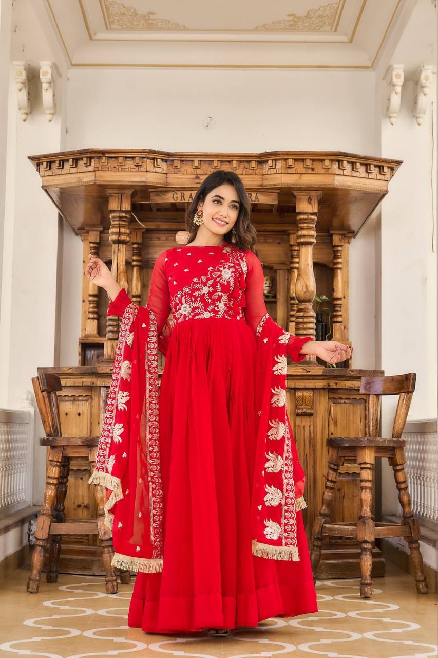 Aastha Red Fox Georgette with Gown Fabric Heavy 3mm sequence Embroidery Work