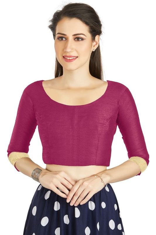 Aastha fashion Magenta Art Silk Blouse Fabric Sleeve Button Design Blouse work - Prithvi Mart