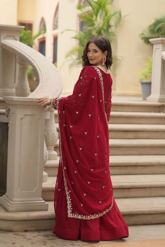 Aastha Maroon Faux Blooming with Gown Sequins-Multi & Zari Embroidered Work