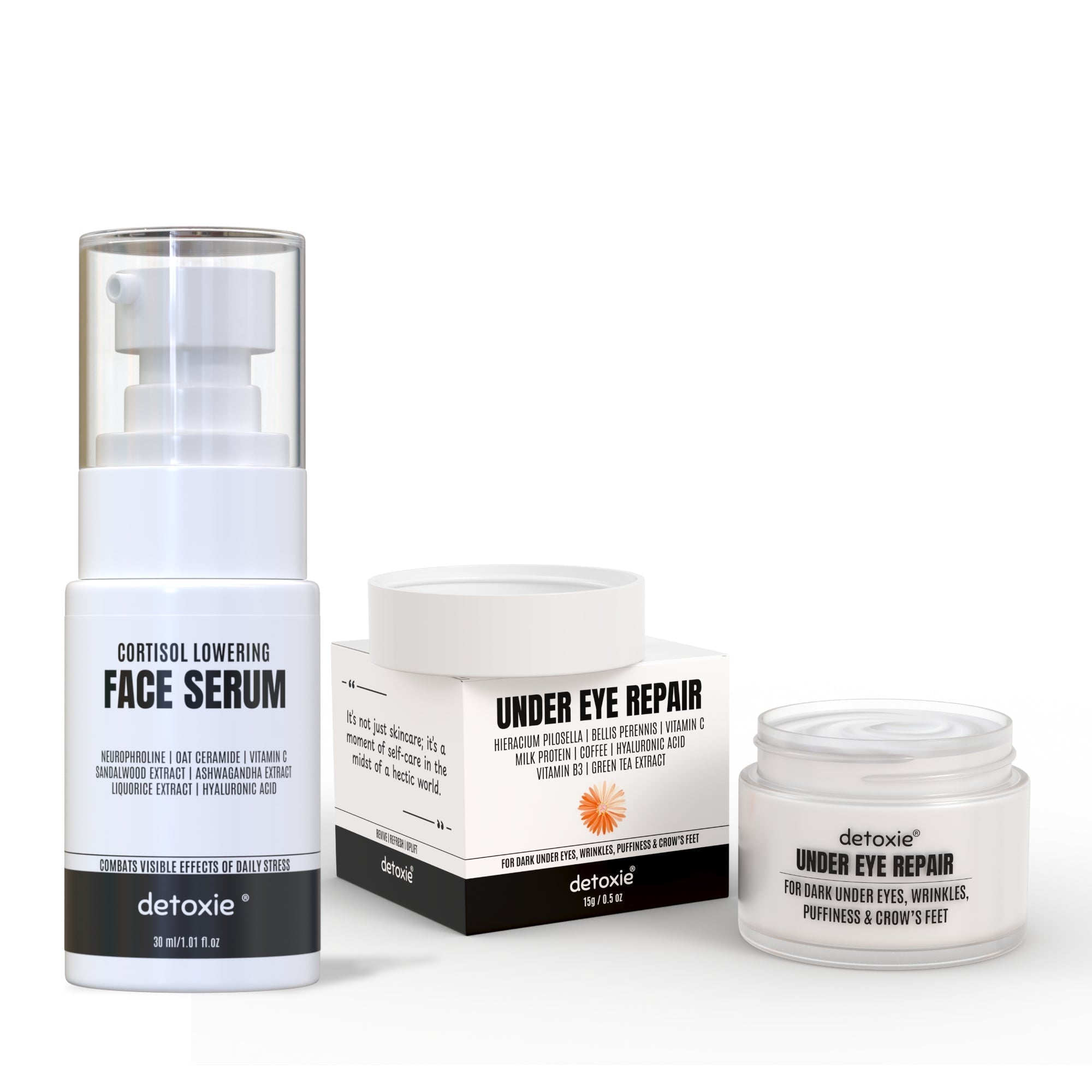 Detoxie Dark Circle & Cortisol Lowering Combo| Cortisol Lowering Serum 30 ml + Under Eye Cream 15gm