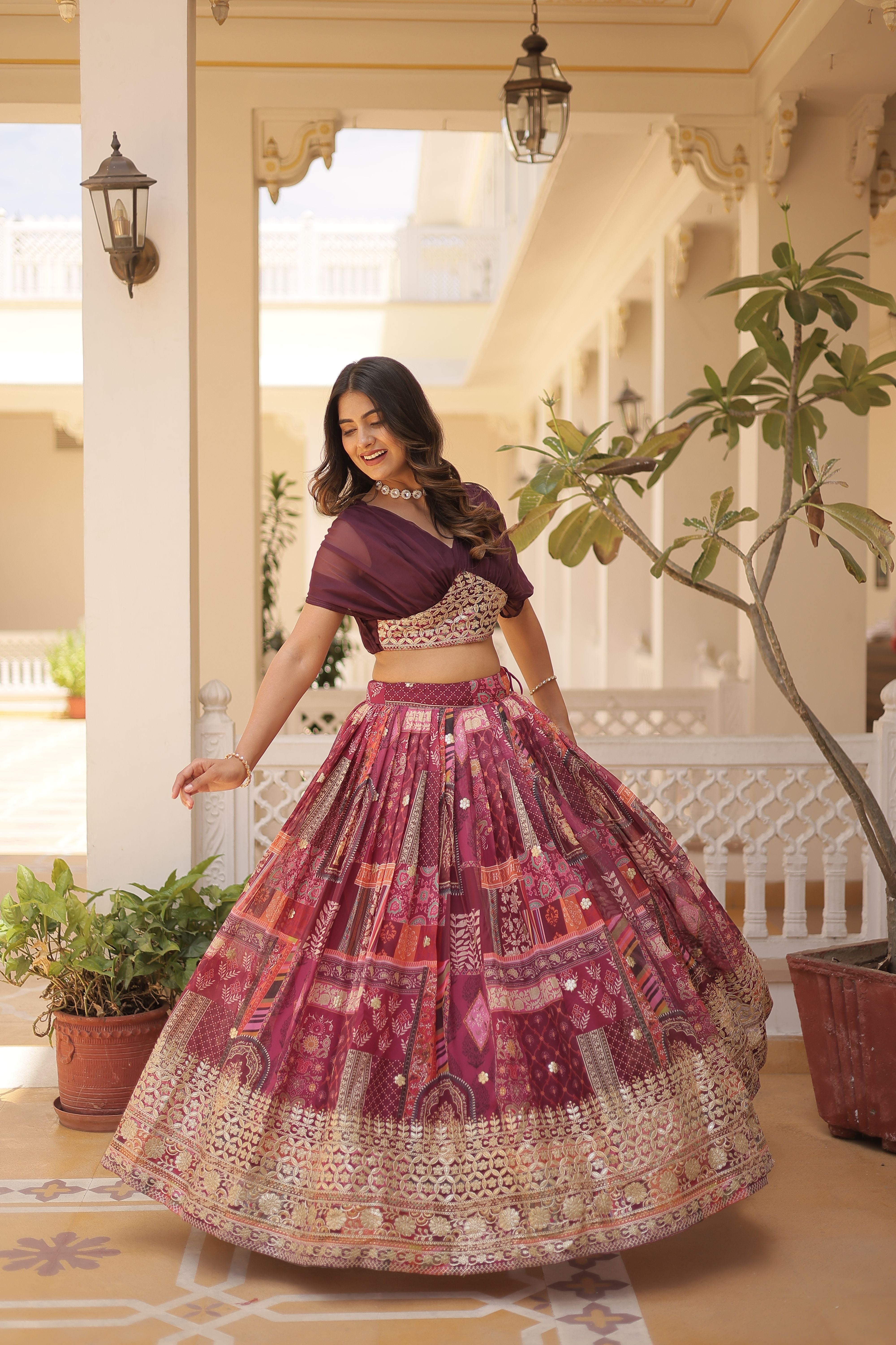 Aastha fashion wine Lehenga Chinnon koti febric embroidery