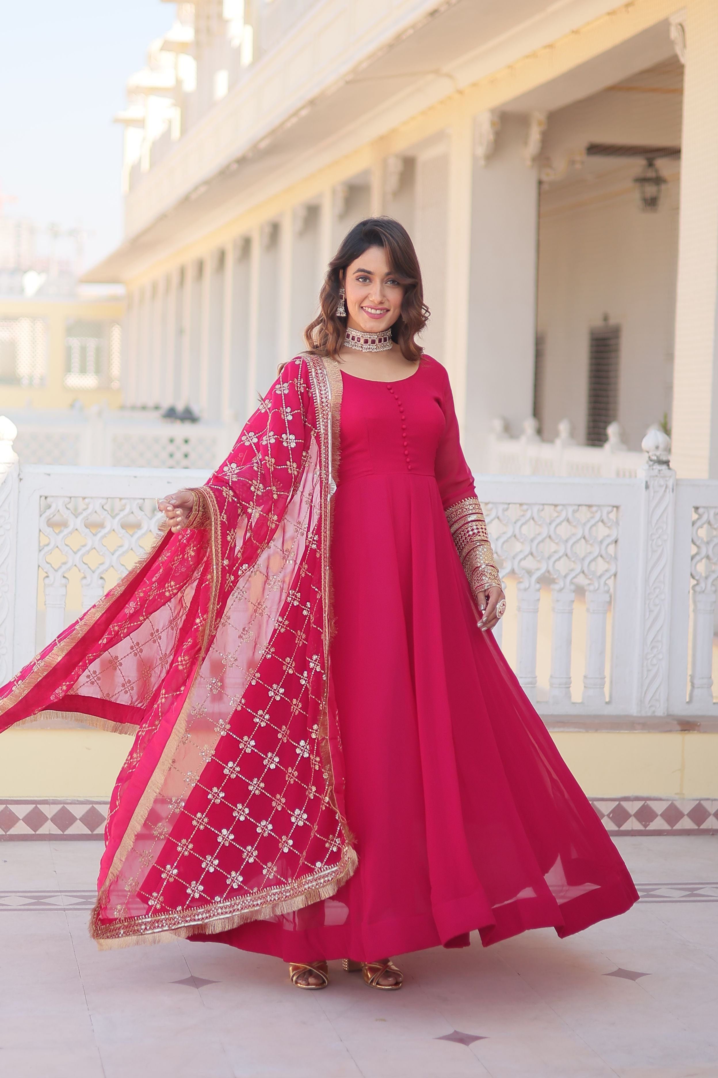 Aastha Pink Faux Blooming with Gown Embroidered Multi-Sequins work