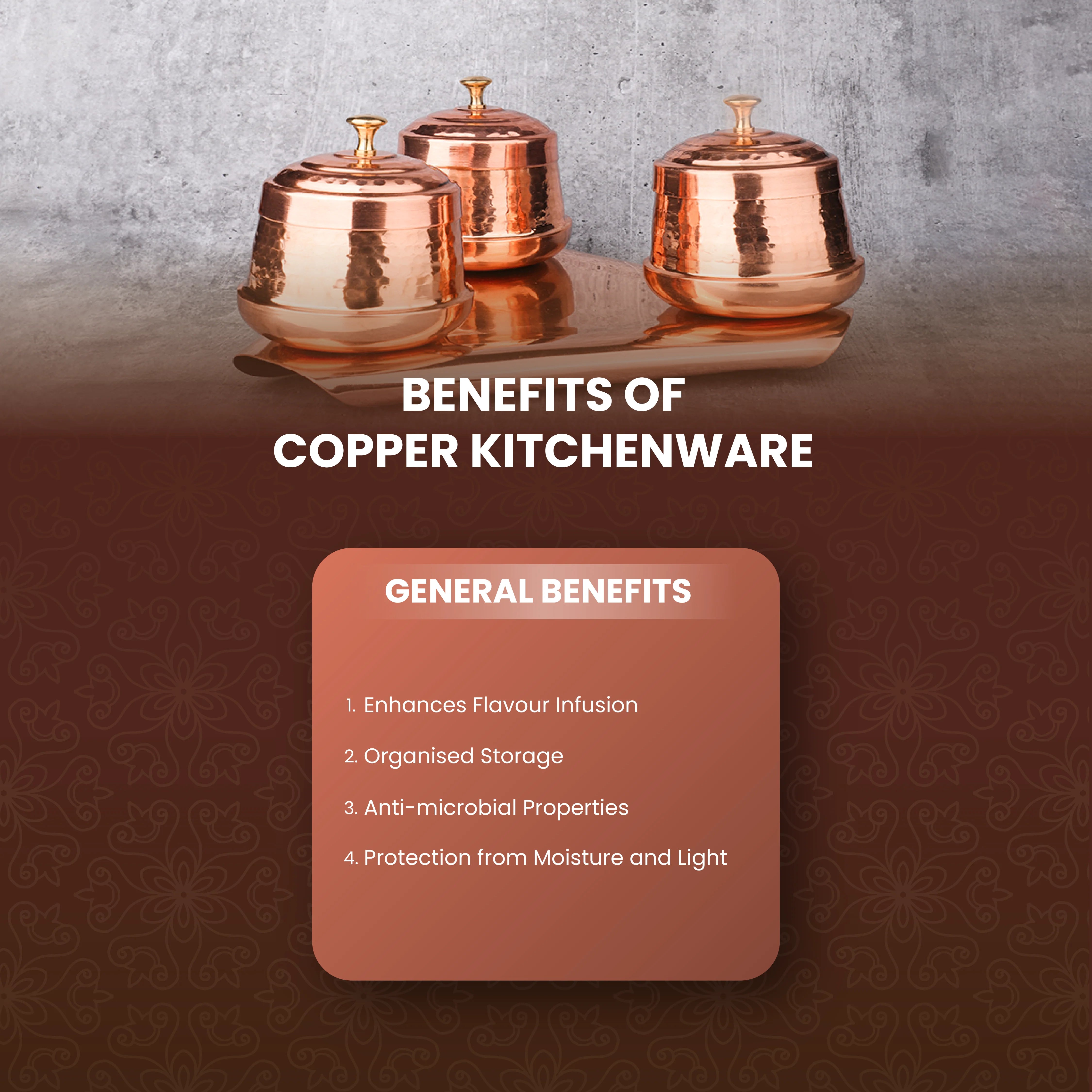 Health Smith Pure Copper Dry Fruit Jars with Lid | Set of 3 | Copperware