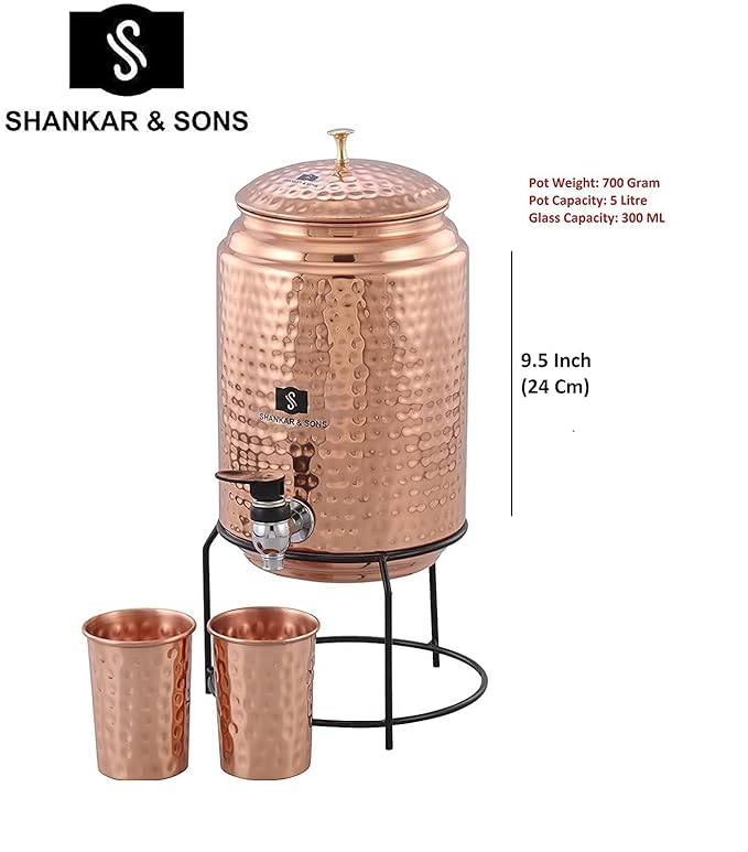 5 Litre Copper Water Dispenser with Stand and 2 Glasses