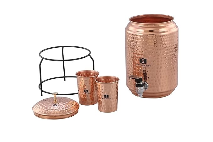 5 Litre Copper Water Dispenser with Stand and 2 Glasses