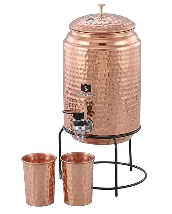 5 Litre Copper Water Dispenser with Stand and 2 Glasses