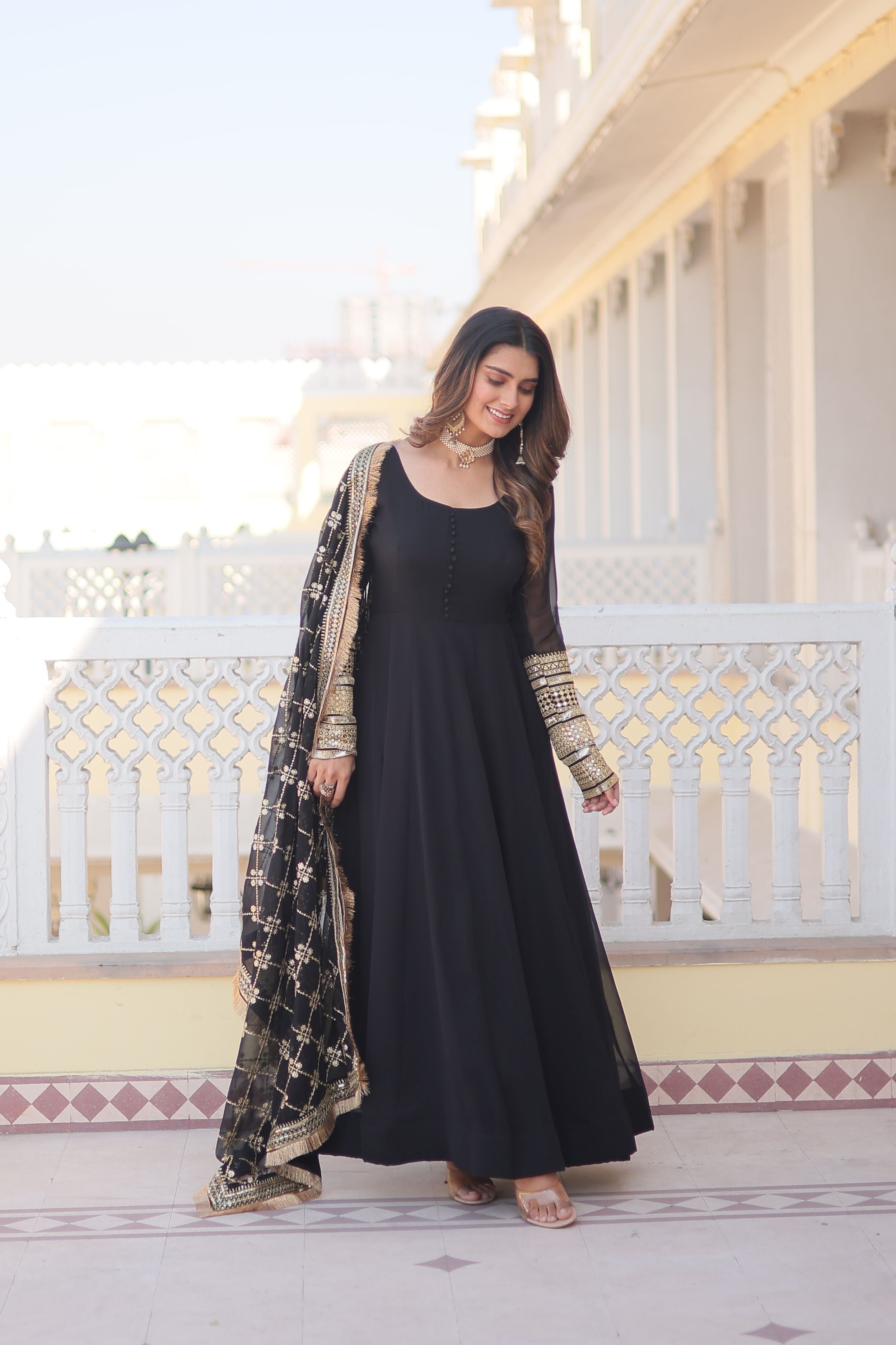 Aastha Off Black Faux Blooming with Gown Embroidered Multi-Sequins work