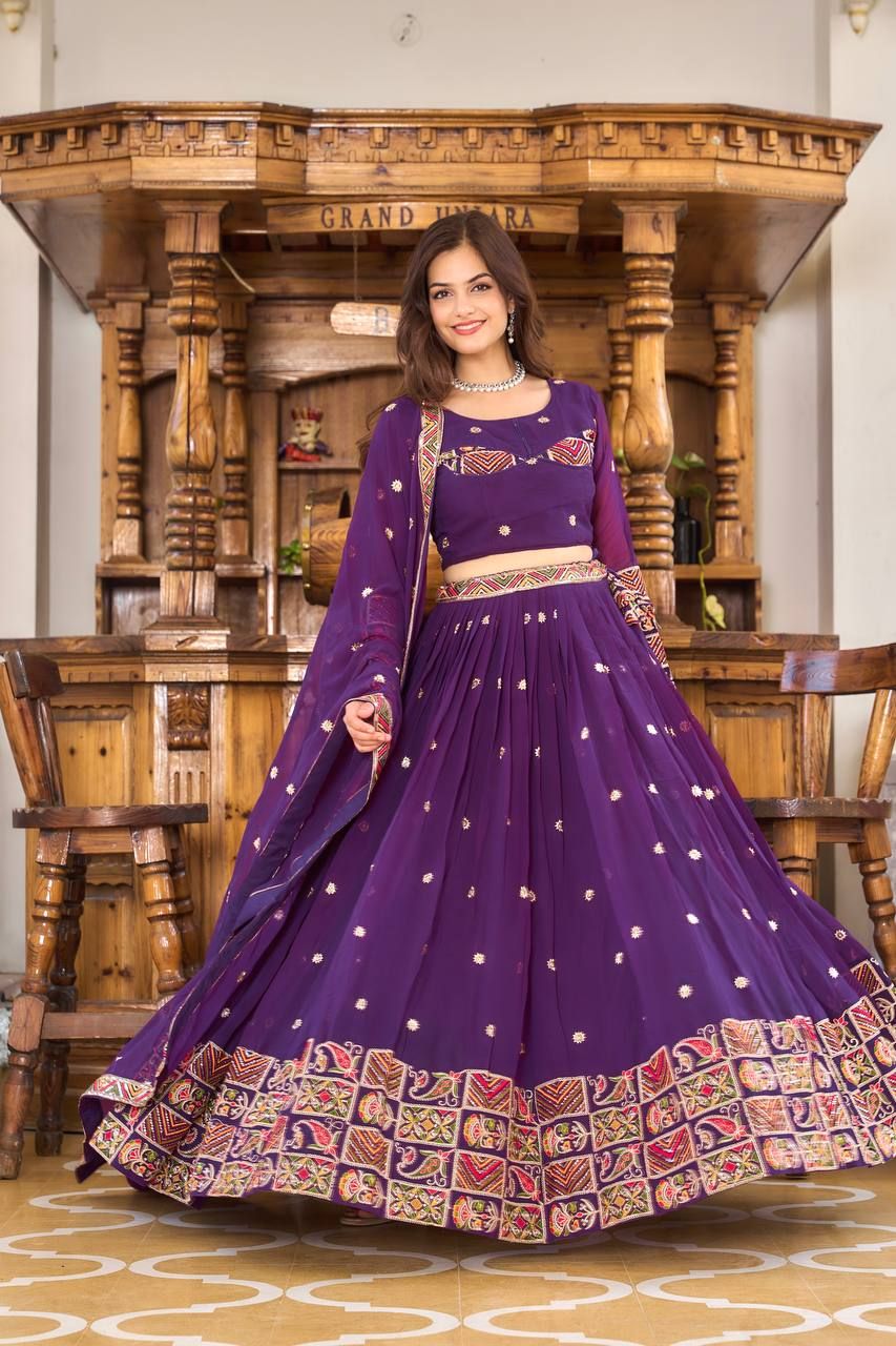 Aastha fashion Purple Faux Georgette lehanga blouse fabric Heavy Sequence and Thread Embroidery Work