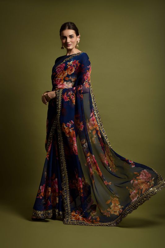 Aastha Blue Heavy soft Chiffon Heavy Mono Banglori beautiful floral Print Work