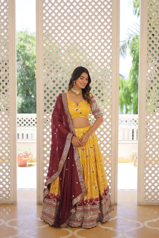Aastha fashion yellow Pure Dyable Viscose Jacquard lehanga  blouse fabric embroidery work