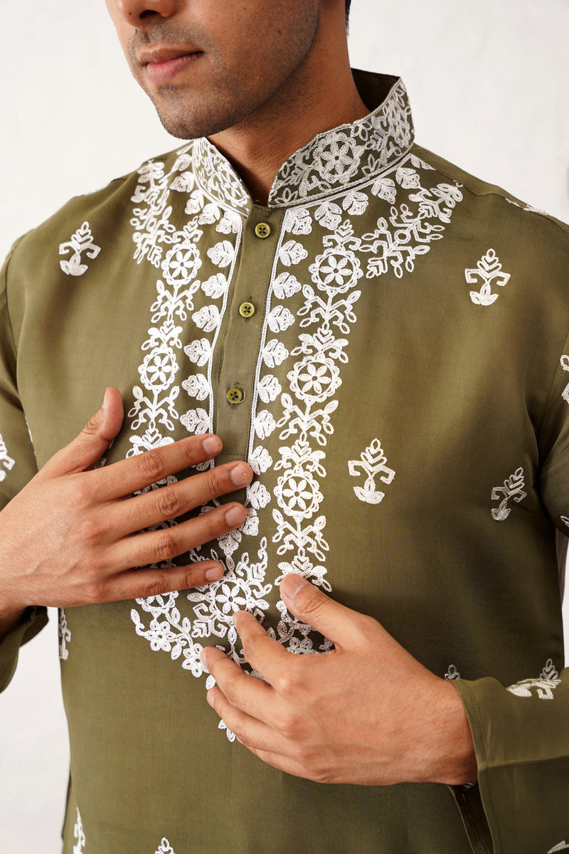 Men's Olive Chikankari Embroidered Kurta With Pyjama