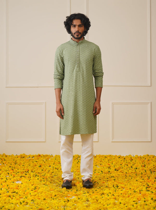 Men Green Chikankari Embroidered and Sequence Kurta with Churidar