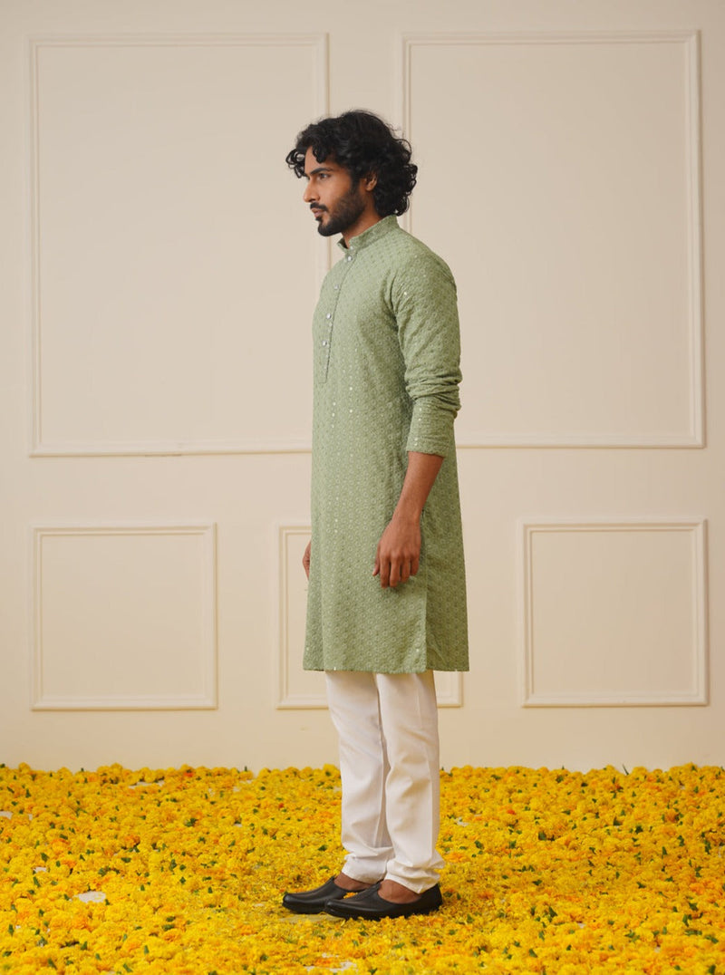 Men Pista Green Chikankari Embroidered and Sequence Kurtas