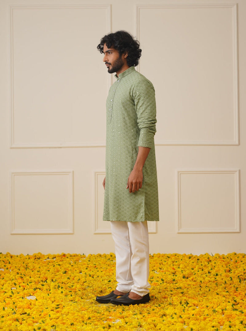 Men Green Chikankari Embroidered and Sequence Kurta with Churidar