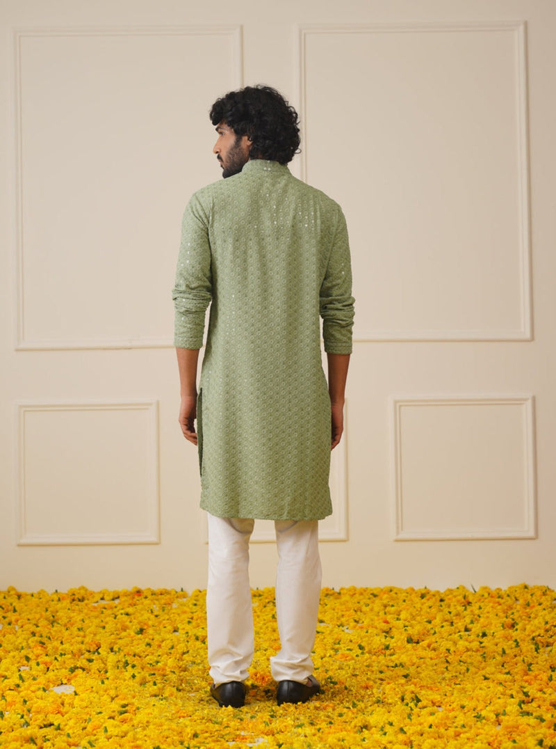 Men Pista Green Chikankari Embroidered and Sequence Kurtas