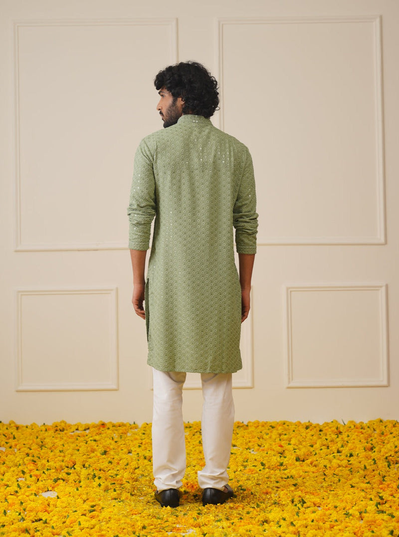 Men Green Chikankari Embroidered and Sequence Kurta with Churidar