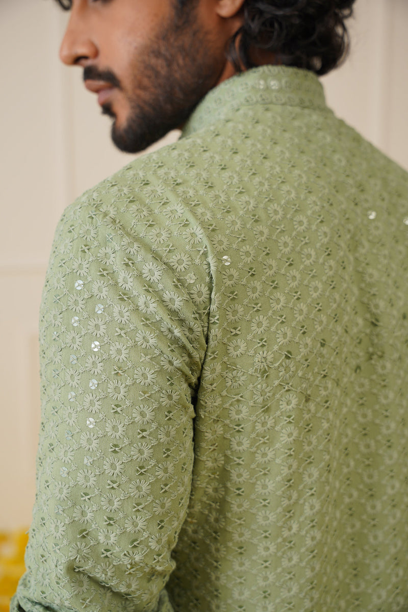 Men Pista Green Chikankari Embroidered and Sequence Kurtas