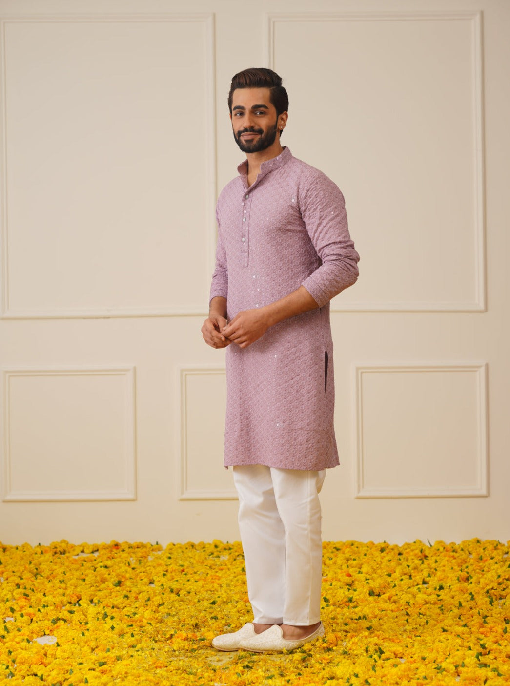 Men Purple Chikankari Embroidered and Sequence Kurta Only