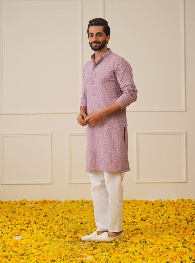 Men Purple Chikankari Embroidered and Sequence Kurta with Churidar