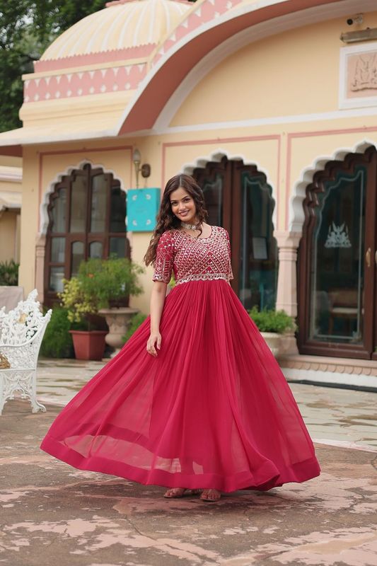 Aastha Pink Faux Blooming with Gown Embroidery Zari Sequins-work