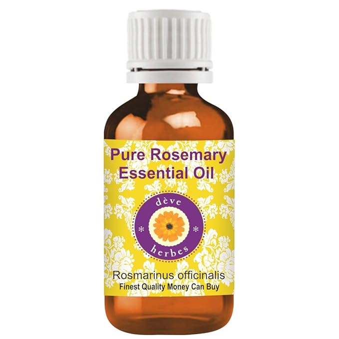 Bottle of pure rosemary essential oil with a yellow label on a white background
