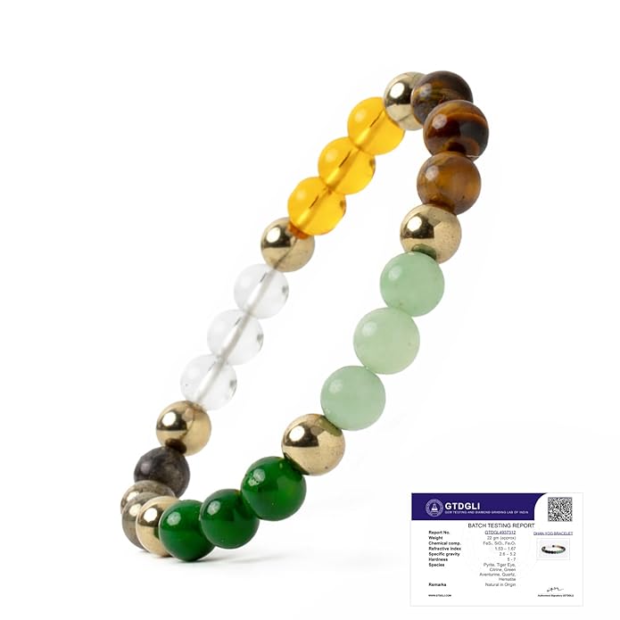 Multicolored beaded bracelet with a certification label on a white background