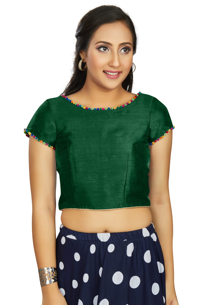 Aastha fashion Bottel Green Art Slik Boat Neck Blouse Work Plain